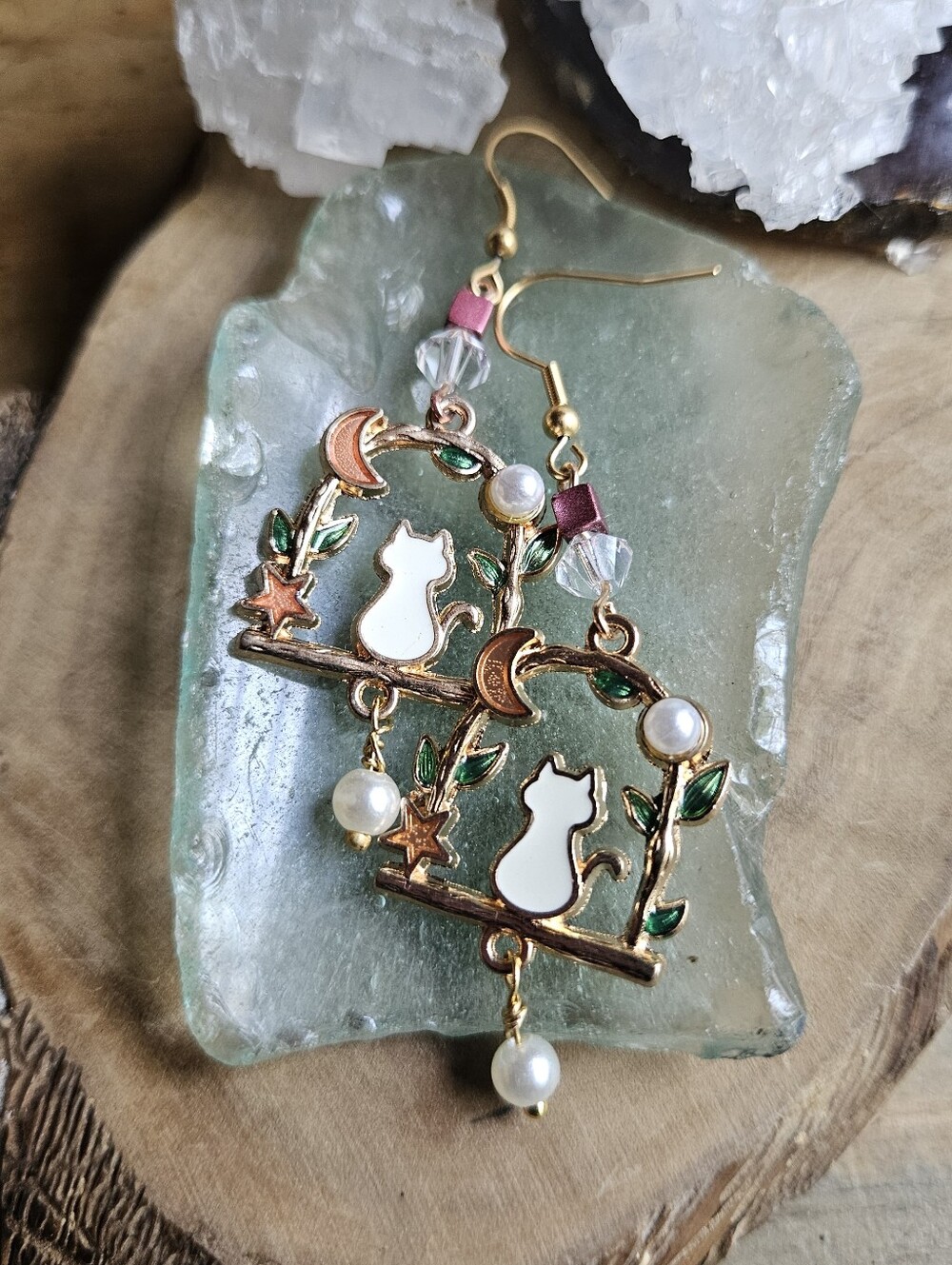 Handmade Celestial Cat & Vine Earrings - White Kitty with Faux Pearls & Crystal